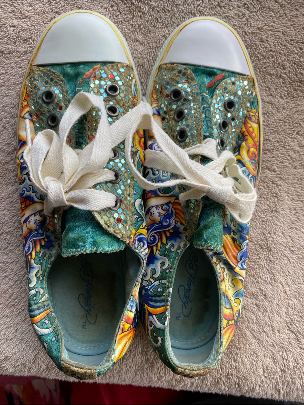 Vintage Ed Hardy Sequin Koi Wave Tattoo Low Top Sneakers Size 8 GUC